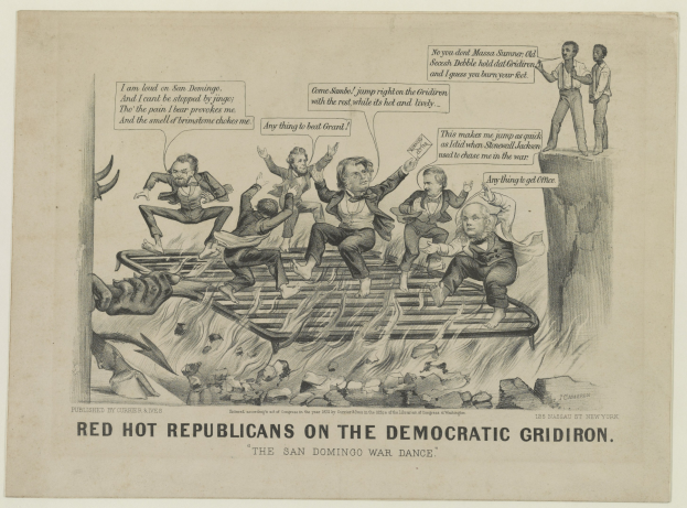 Politischer Cartoon, der rote Figuren in Not auf einem Gitterrost zeigt