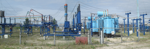 Elektrisches Umspannwerk mit Transformatoren, Strommasten, Kabeln, Schildern und einem Zaun in einer grünen Wiese unter einem bewölkten Himmel.