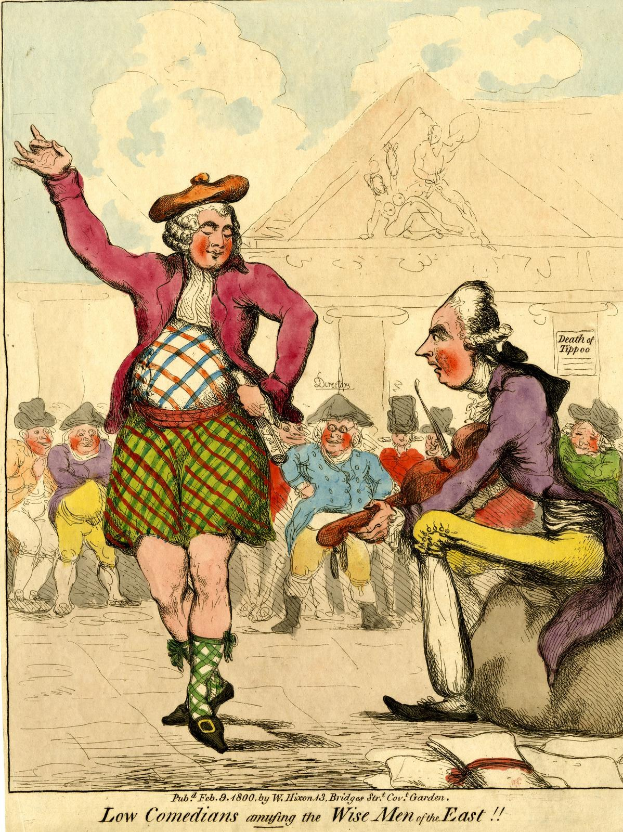 Cartoon of a man in a kilt and a woman in a dress standing in front of a crowd, with a building and clouds in the background, and text at the bottom reading "Low Comedians Amusing the Wise Men of the East".
