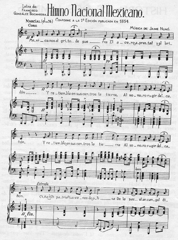 Mexikanische Notenblätter mit der Aufschrift "Himno Nacional Mexicano" und schwarzen Noten und Symbolen auf einem weißen Hintergrund, eingerahmt von einem dünnen schwarzen Rand.