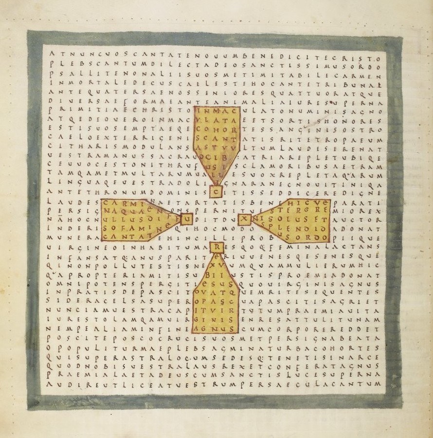 Schwarze und Weiße Illustration eines Kreuzworträtsels auf einer Seite voller dichter Text.