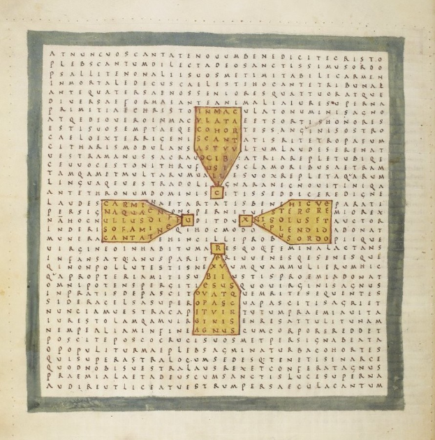 Schwarze und Weiße Illustration eines Kreuzworträtsels auf einer Seite voller dichter Text.