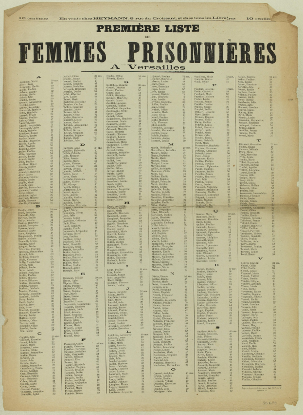 Ein altes, gelbliches Buch mit einer Liste von Frauen-Gefängnis-Insassen in zwei Spalten, wobei die erste Spalte die Namen enthält und die zweite Spalte sie wiederholt.