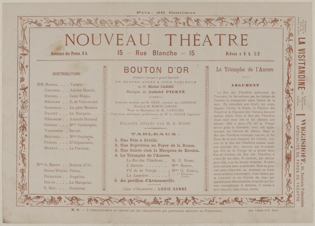 Schwarz-weißes Bild einer alten Zeitungsanzeige für das Nouveau Theatre in Boulton, Frankreich, mit Text, der das Theaterangebot beschreibt.