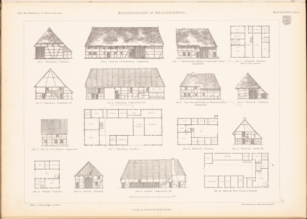 Ein offenes altes Buch, das Architekturhausplane und -entwurfe mit begleitendem Text zeigt.