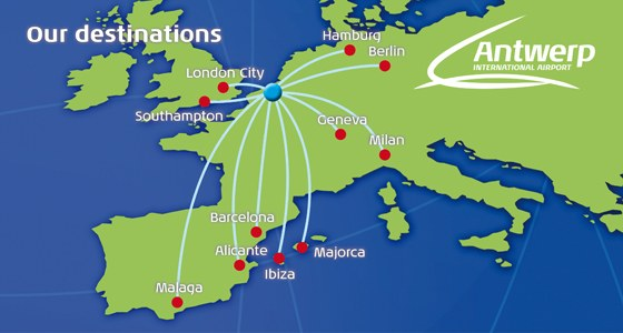 A map of Europe highlighting Antwerp International Airport with a flight route, including destination, departure, arrival times, and journey duration details.