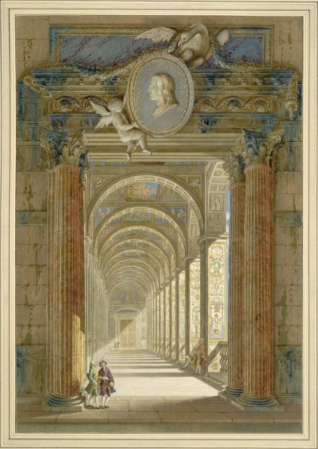 Ein gerahmtes Gemälde, das eine Säulenhalle mit Menschen zeigt, die von Säulen und Wandskulpturen umgeben sind, im klassischen Stil.