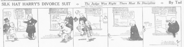 Cartoon-Illustration eines Mannes in einem schwarzen Anzug mit weißem Hemd und schwarzer Krawatte und einer Frau in einem eleganten Kleid mit einem schwarzen Schultertuch, beide mit ernsten Gesichtern, beschriftet mit "Scheidungsklage."