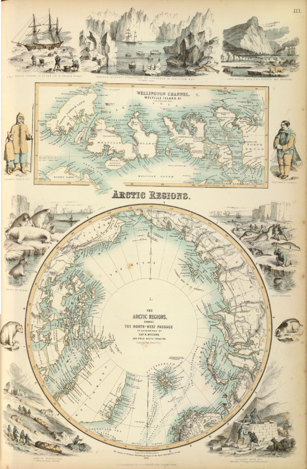 Altes Buch mit detaillierter Karte des arktischen Gebiets mit Illustrationen von Menschen, Tieren und Text.