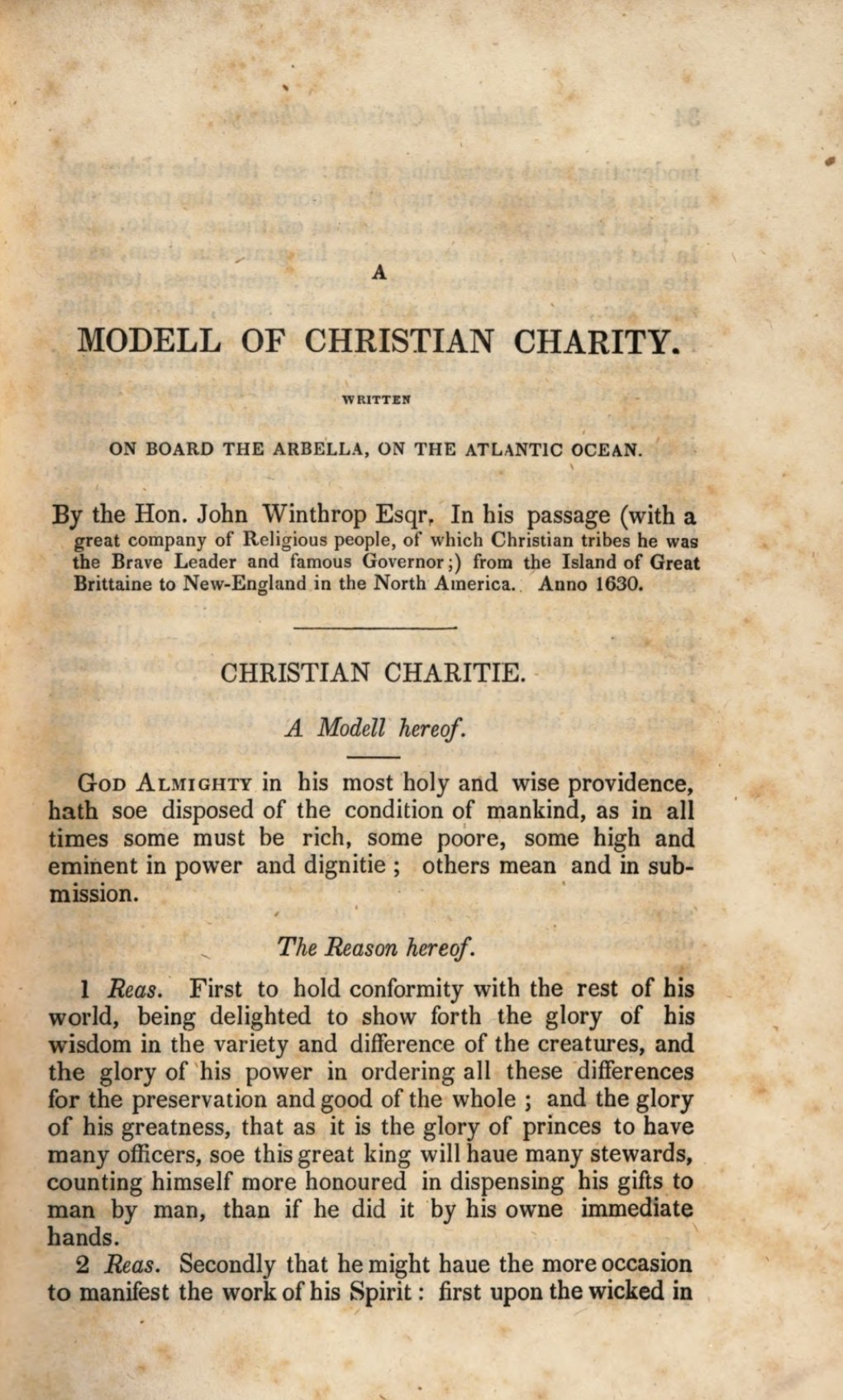 Altes Buch mit dem Titel 'Modell christlicher Nächstenliebe' mit vergilbten, zerfransten Seiten und Kursivschrift.