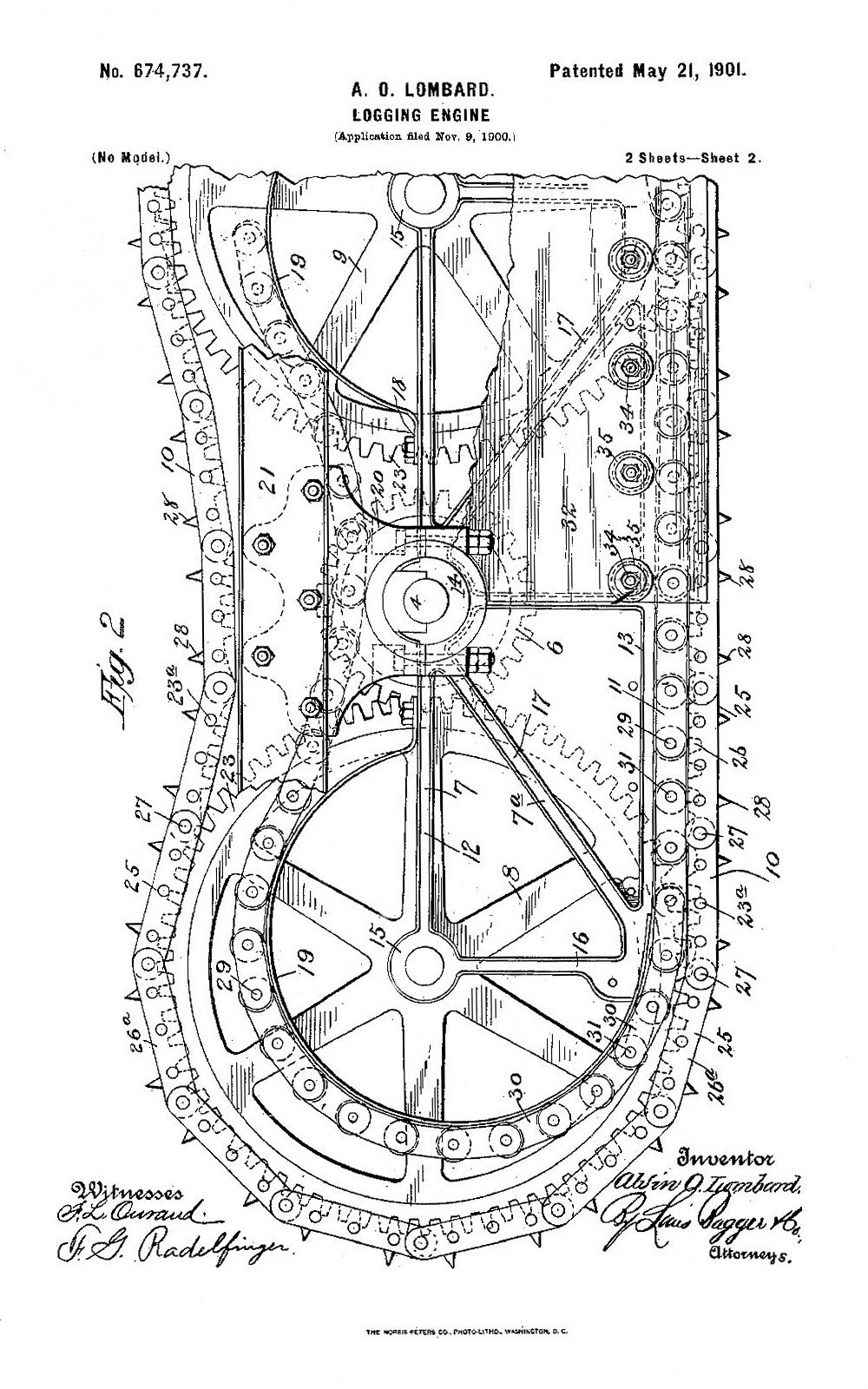 Black and white line drawing of a patented logging engine with a prominent wheel, showing its size, shape, and components.