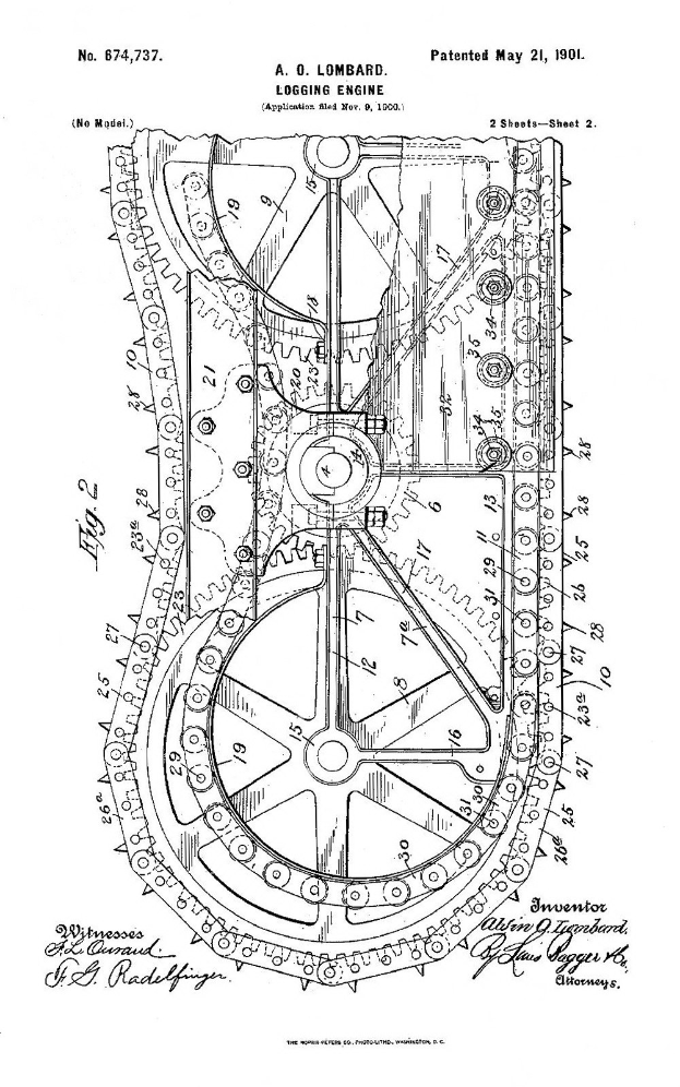 Black and white line drawing of a patented logging engine with a prominent wheel, showing its size, shape, and components.