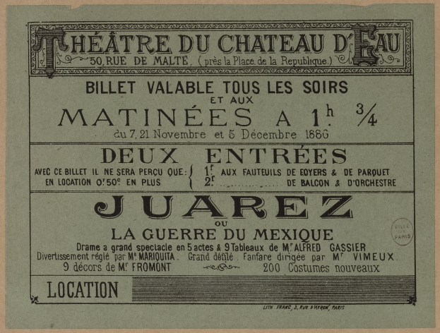 Ticket for the Theatre du Chateau d'Eau in Juarez, Mexico, with printed text providing details about the theatre.