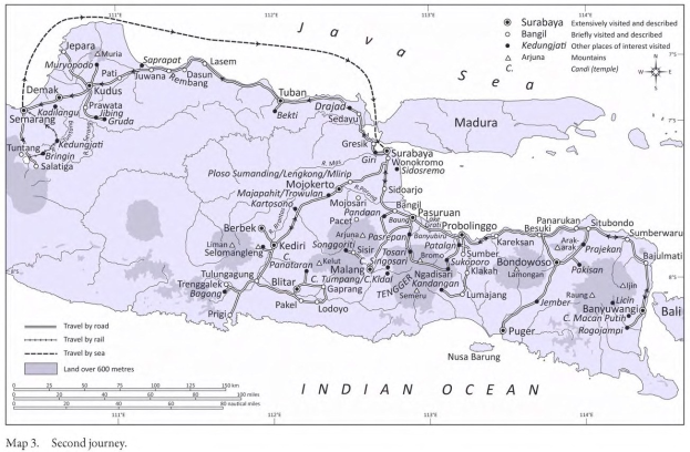 Detailierte Karte des Indischen Ozeans mit markierter Reiseroute, einschließlich Städten, Flüssen und geografischen Merkmalen, begleitet von Text und Entfernungsangaben.