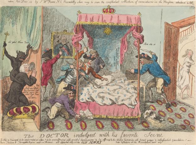 A cartoon of a doctor in a room with a patient on a bed, surrounded by people and objects, including a door, curtains, and a mirror, with text at the bottom.