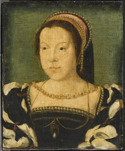 Portrait of a woman in a black dress with a white collar and shawl, painted by Jan van Eyck, with clasped hands and a serene expression.