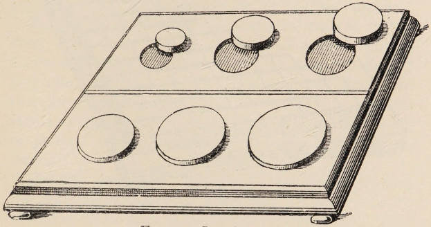 Eine Zeichnung eines Spielbretts mit sechs Kreisen und Text am unteren Rand.