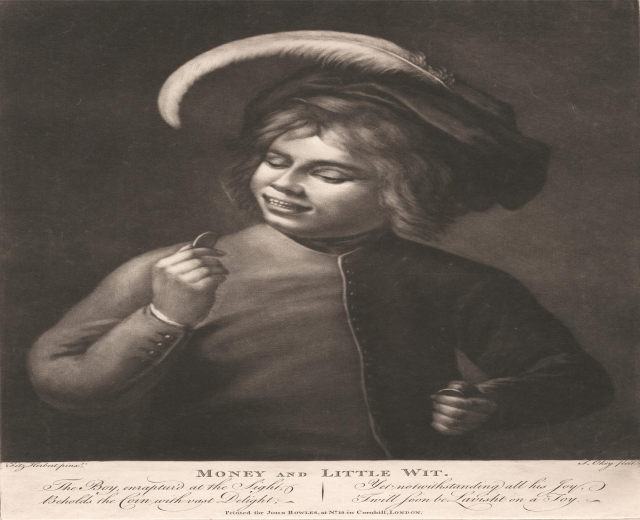 Ein junger Junge in einer Mütze hält eine Zigarette und schaut frech mit der Aufschrift "Geld und wenig Verstand" darunter.