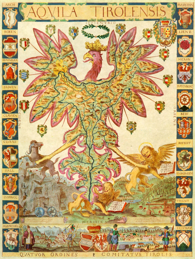 Ein Plakat mit einer Darstellung eines Phoenix, umgeben von Bildern von Tieren, Menschen und Gegenständen, sowie begleitendem Text.