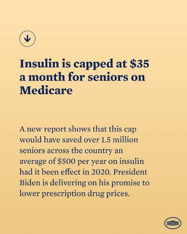 Plakat mit der Aufschrift "Insulin ist auf 35 Dollar pro Monat für Senioren mit Medicare gedeckelt" mit einem Logo, wahrscheinlich informiert es über die Insulinkosten für Medicare-Senioren.