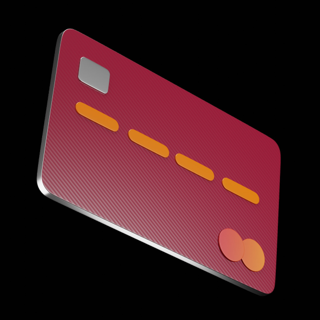 Rote Kreditkarte mit orangefarbenen Punkten auf einem weißen Hintergrund.