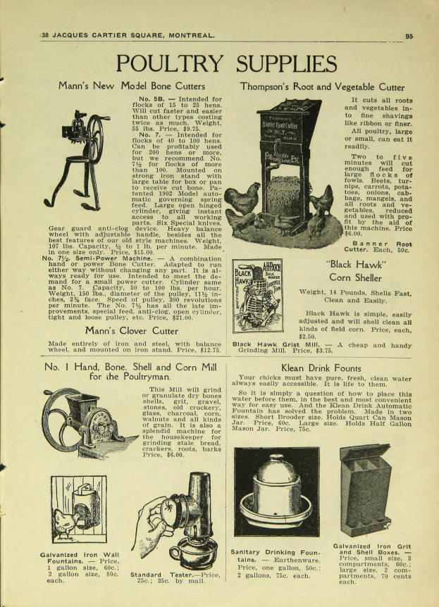 Altes Buch mit Geflügelsuppe, einschließlich Bildern von Maschinen und Text, oben drauf.