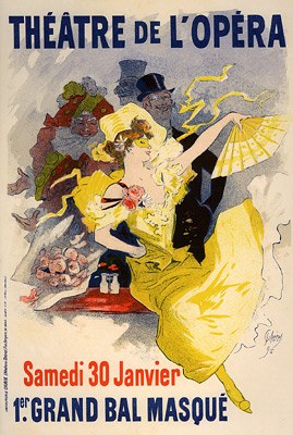 Poster for Theatre de l'Opera in Paris featuring a woman in a yellow dress among a crowd, with text.