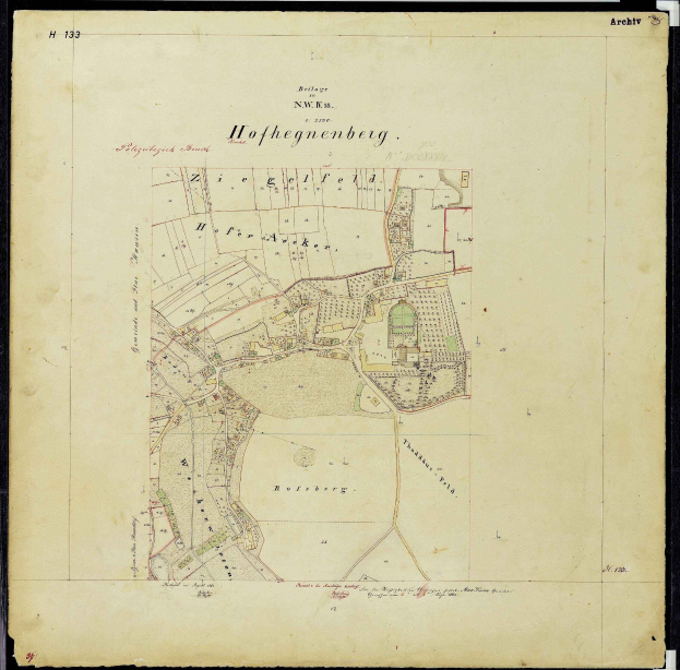 Alte Karte von Hofhegenberg, Deutschland, mit Straßen, Gebäuden und Sehenswürdigkeiten in Schwarz umrandet.