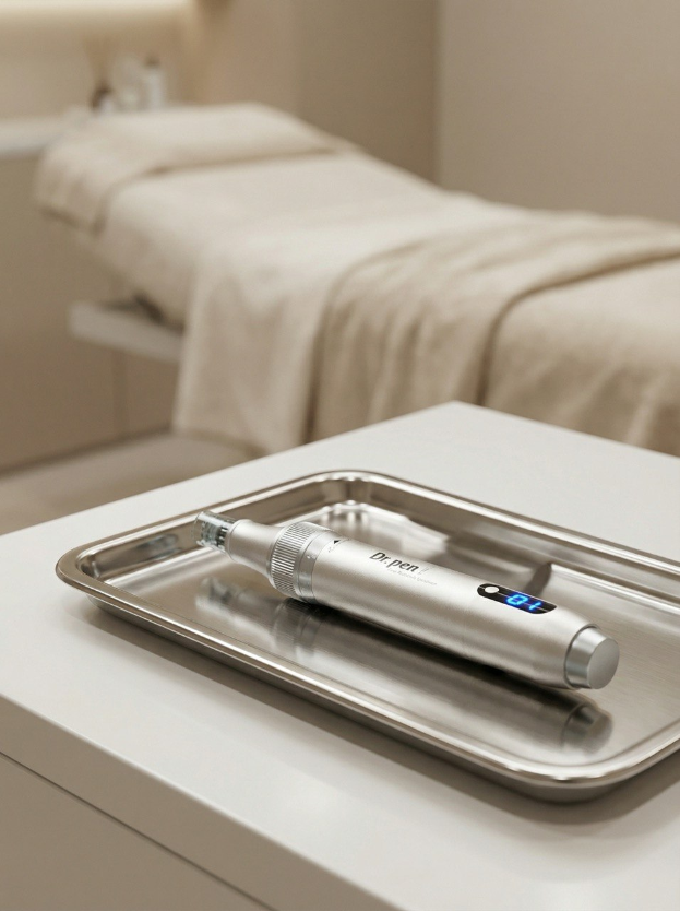 Microneedling-Gerät auf einem sterilen Tablett in einem modernen Kosmetikstudio.