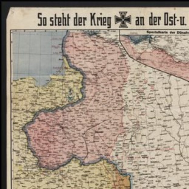 A framed map of Germany with the text "So Steht der Krieg an der Ost-U" overlaid.