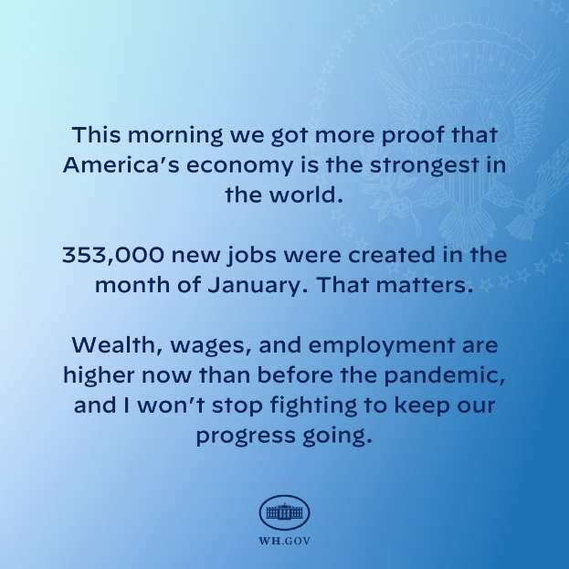 Blue background with white text reading, "This morning we got more proof that America's economy is the strongest in the world," and a logo.