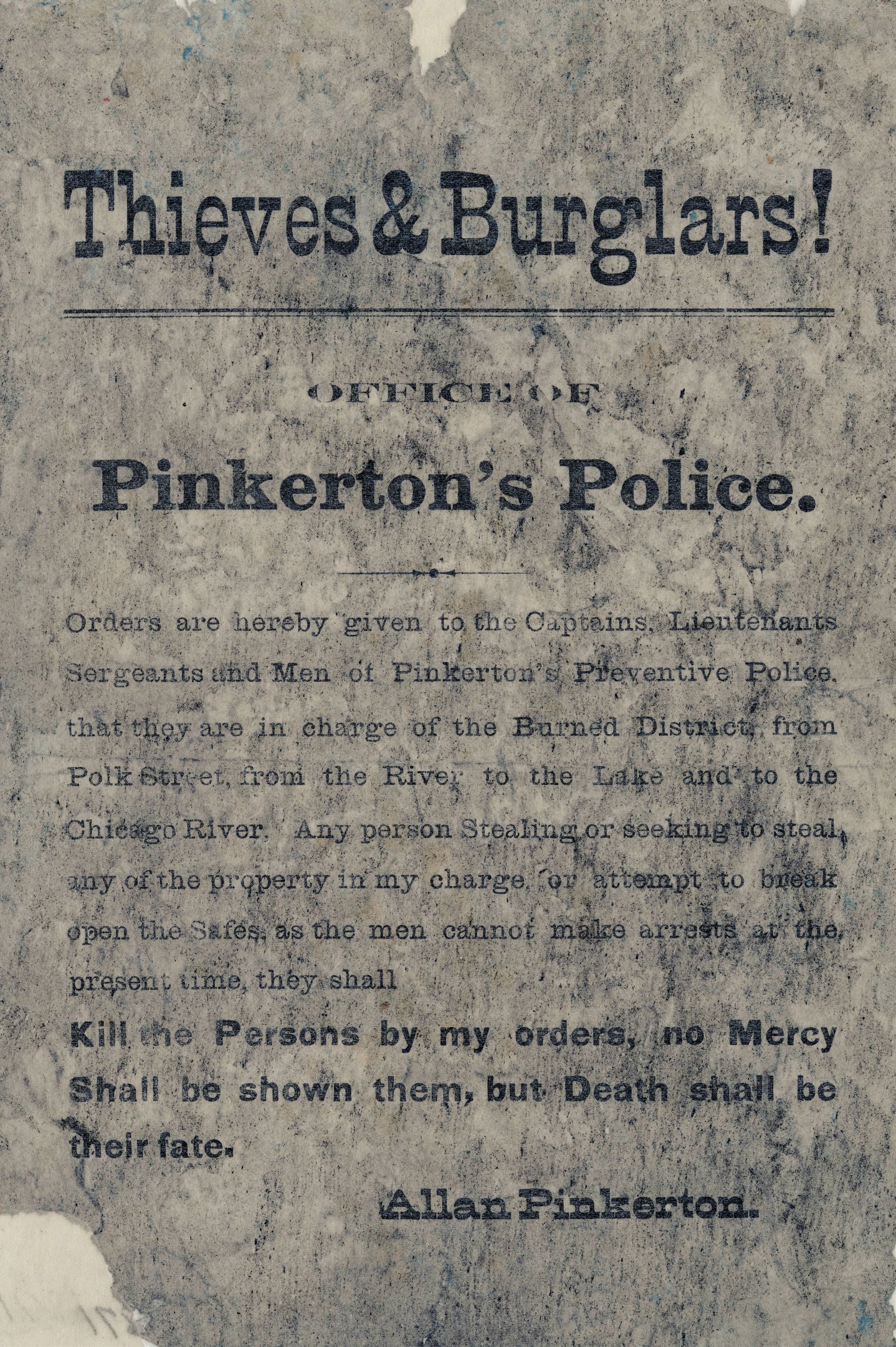 Ein Plakat mit fetter schwarzer Schrift, die "Diebe & Einbrecher Pinkerton's Police" auf einem weißen Hintergrund liest, eingerahmt von einem schmalen schwarzen Rand.