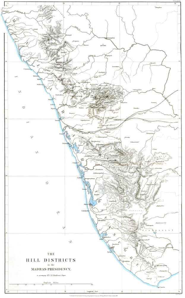 Eine detaillierte Karte der Hügelbezirke in der Madras-Präsidentschaft, die die Bezirksgrenzen, Städte und geografischen Merkmale zeigt, mit erklärendem Text oben und unten.
