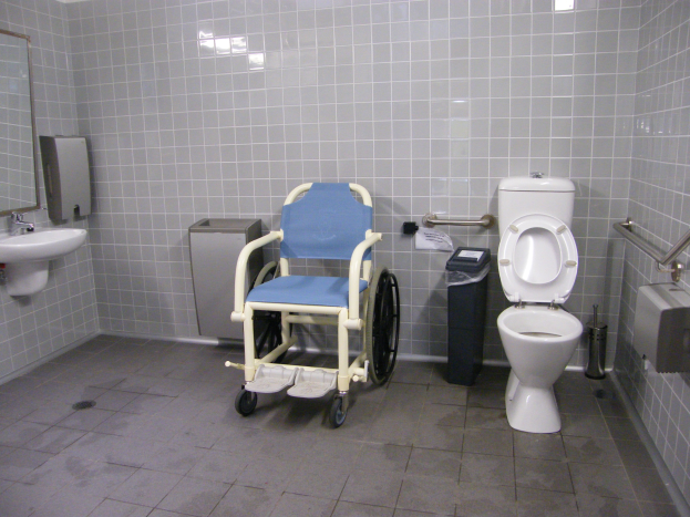 Ein Badezimmer mit Toilette, Kommode, Spülkasten, Mülltonne, Duschbrause, Spiegel, Waschbecken und anderen Gegenständen; die Wände sind gefliest, der Boden ist unten sichtbar und ein Rollstuhl steht neben der Kommode in der Mitte des Raumes.