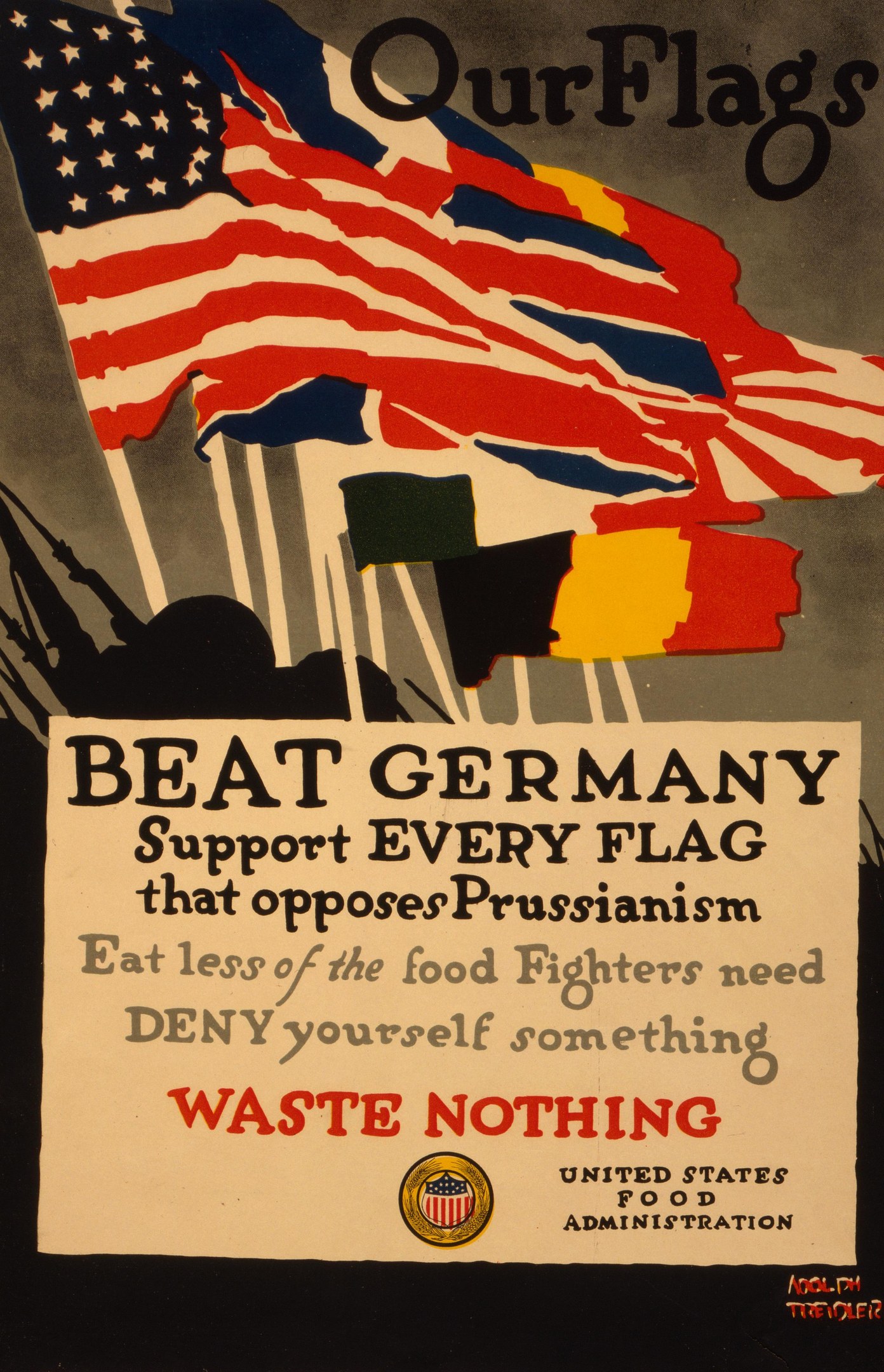 Plakat mit einer roten, weißen und blauen Flagge mit einem weißen Stern, fettem schwarzem Text 'Unsere Flaggen schlagen Deutschland - Unterstützt jede Flagge, die gegen Preußentum kämpft' und einem weißen Rand.