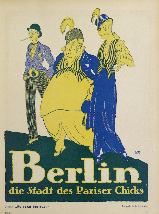 Plakat für ein Konzert in Berlin, Deutschland, das eine Gruppe von Menschen in bunter Kleidung vor einem Gebäude zeigt, mit dem Text 'Berlin - Die Stadt des Pariser Chicks' oben.