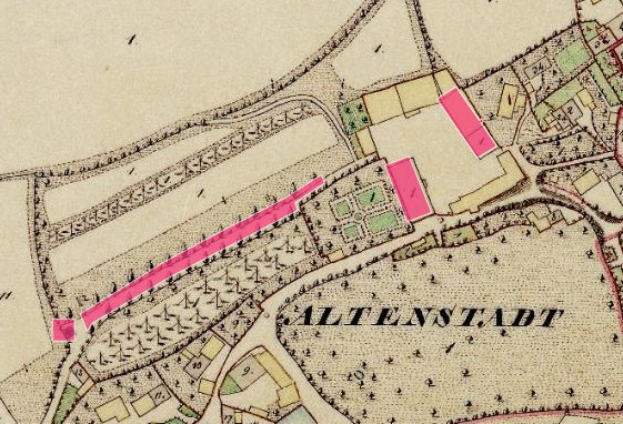 Old map of Altenstadt, Germany, with a pink line marking the proposed site location, overlaid with detailed text.