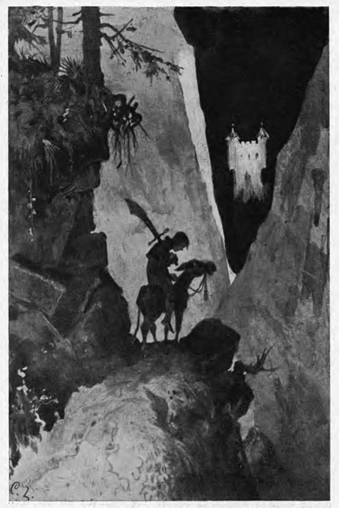 Black and white illustration of a man on a horse in front of a castle, surrounded by trees and rocks, with the text "The Lord of the Rings" at the bottom.