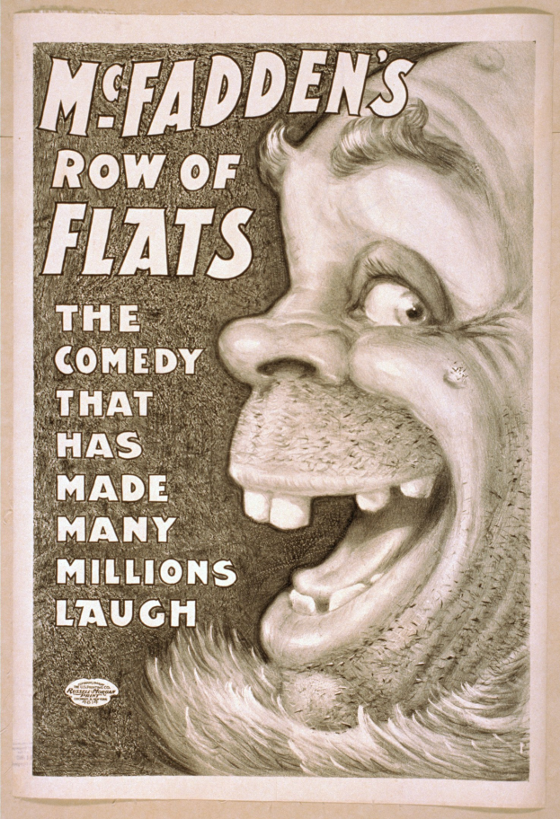 Plakat Mit Einem Lachenden Menschen Mit Wilden Haaren, Weiten Augen Und Einem Zahnreichen Grinsen, Gegen Einem Hellen Gelben Hintergrund, Mit Dem Text "McFadden's Row Of Flats: Die Komödie, Die Millionen Zum Lachen gebracht Hat."