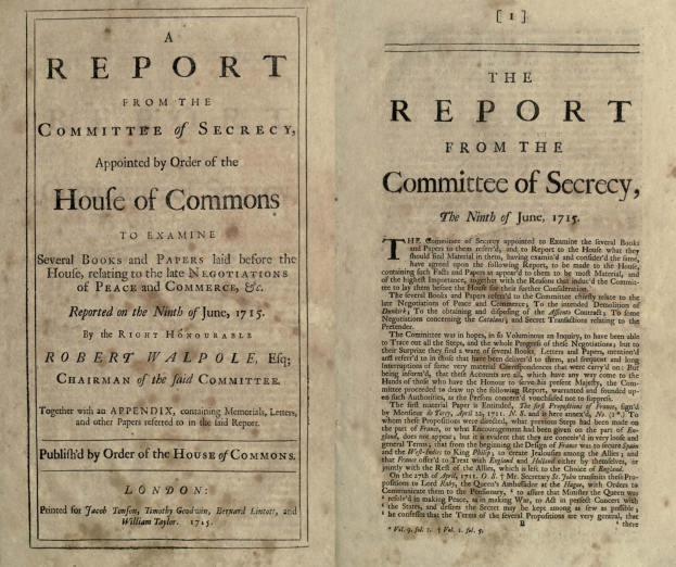 Offenes Buch mit dem Titel "Der Bericht des Geheimhaltungskomitees, ernannt durch Beschluss des House of Commons" mit einem Einband, der likely verwandte Dokumente enthält.