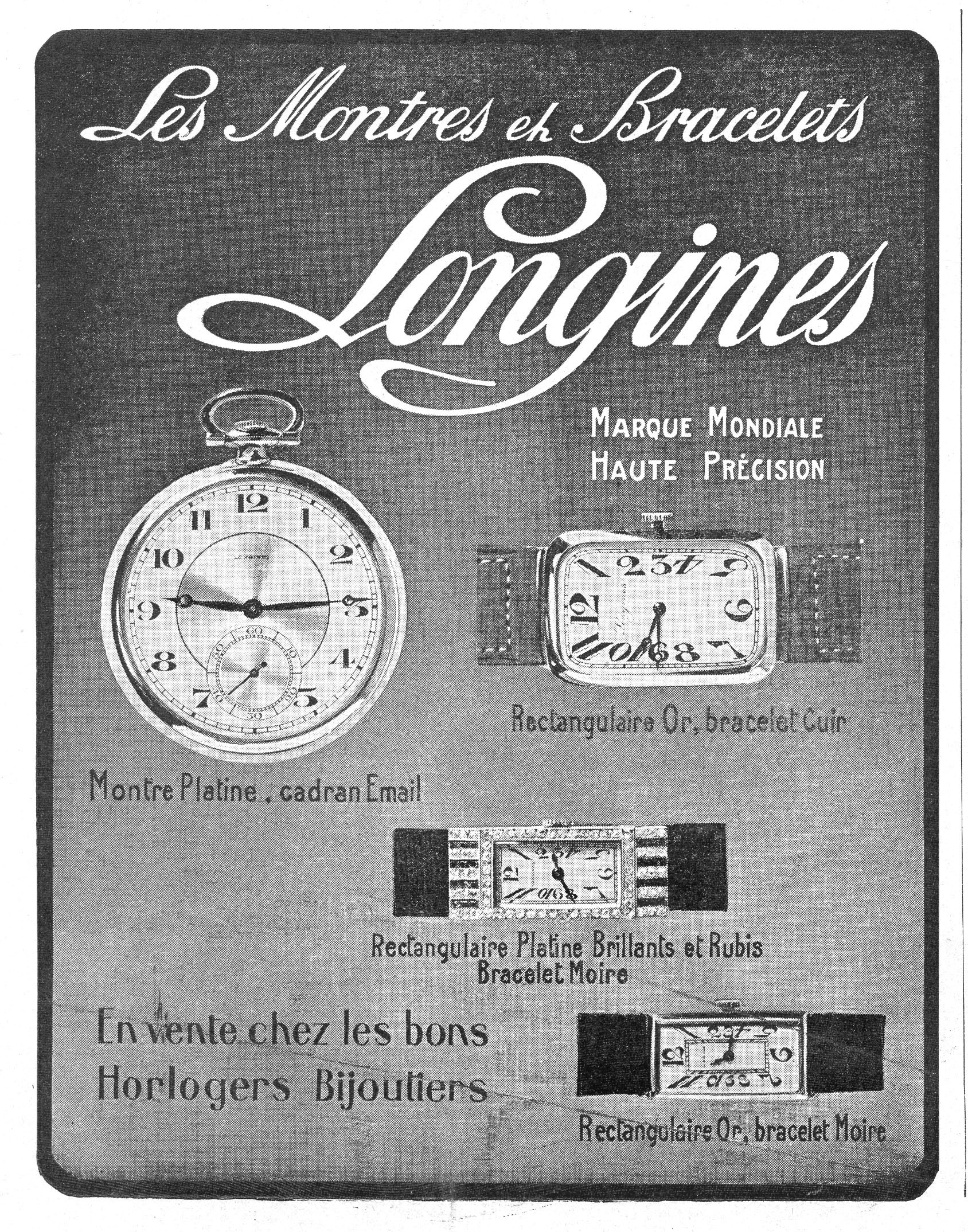 Vintage-Longines-Uhr-Werbetafel aus den 1920er Jahren mit detaillierten Uhr-Illustrationen und klassischer Typografie in gedämpften Blautönen und Grautönen.