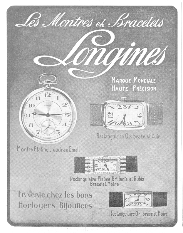 Vintage-Longines-Uhr-Werbetafel aus den 1920er Jahren mit detaillierten Uhr-Illustrationen und klassischer Typografie in gedämpften Blautönen und Grautönen.