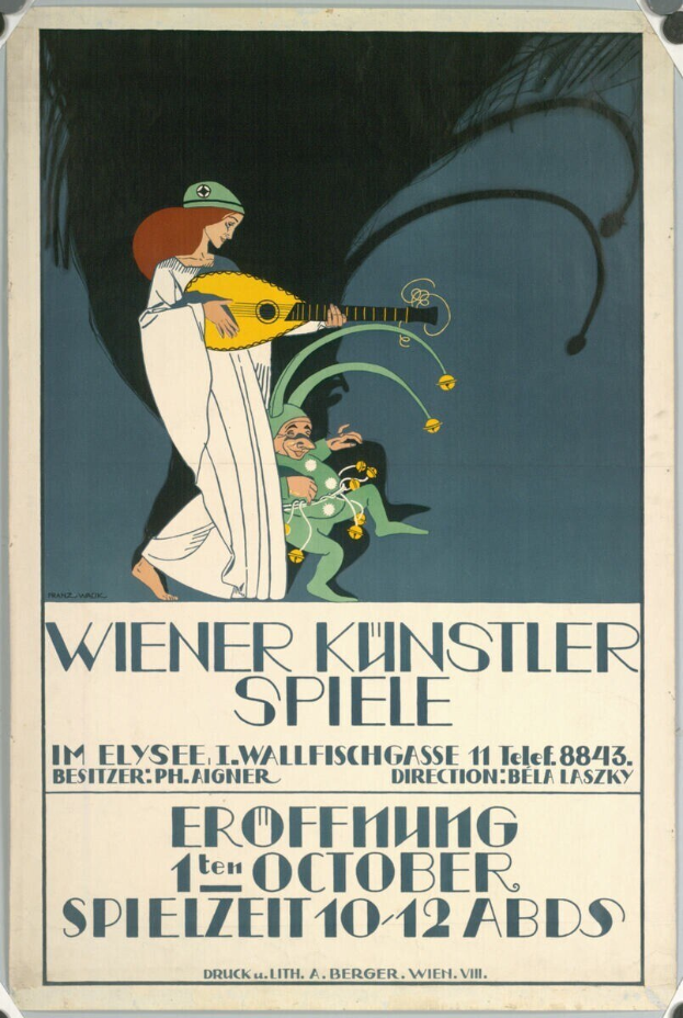 Plakat für ein Wiener Konzert mit einer Frau, die ein Musikinstrument spielt und Text.