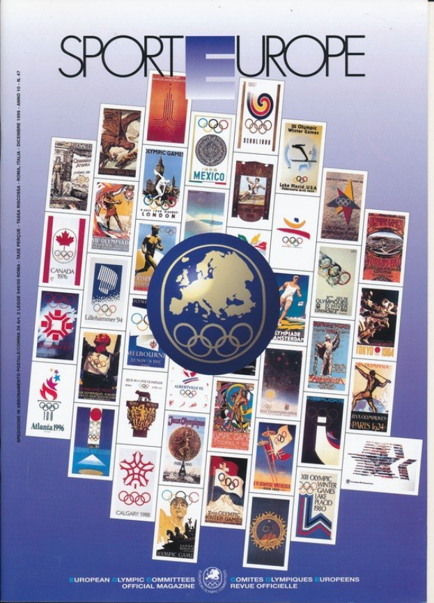 Buchumschlag mit dem Titel "Sport in Europa" mit leuchtenden olympischen Bildern, Symbolen und fettem weißem Text.