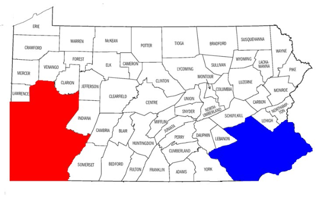 Eine Karte von Pennsylvania mit in Rot und Blau hervorgehobenen Countys und der Beschriftung "Pennsylvania Wahl-Ergebnisse."