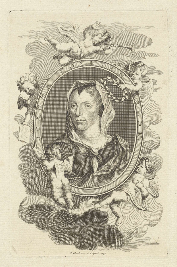 Gravur einer Frau in einem weißen Kleid mit blauer Schärpe und Schleier, die einen Kranz trägt und von Kindern bewundert wird, umgeben von Text unten.