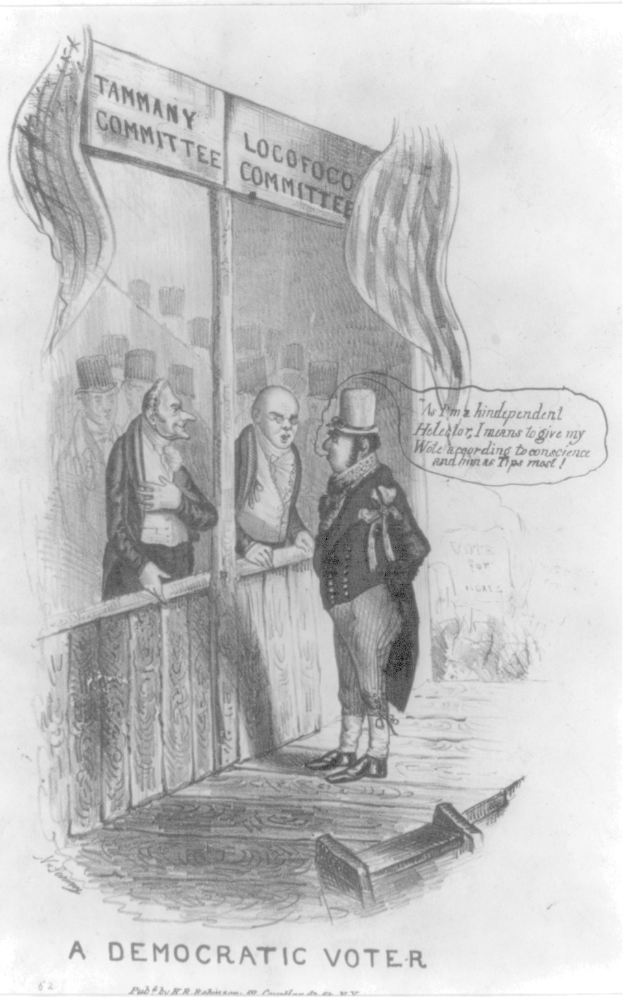 Ein Mann im Anzug steht entschlossen vor einer Tür mit der Aufschrift "Ein demokratischer Wöhler."