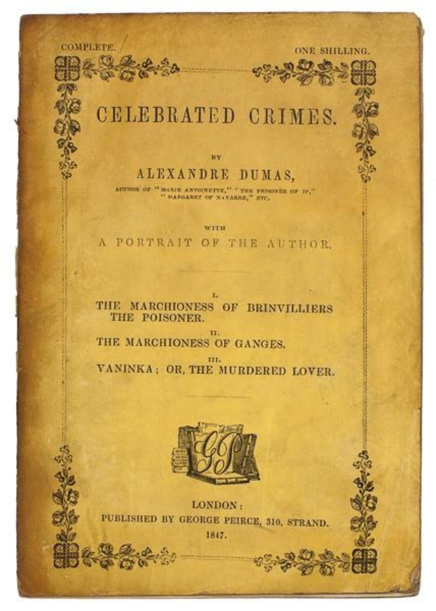 Altes Buch mit dem Titel "Berühmte Verbrechen" von Alexandre Dumas mit einem Autorporträt auf dem Cover mit detaillierten Designs.