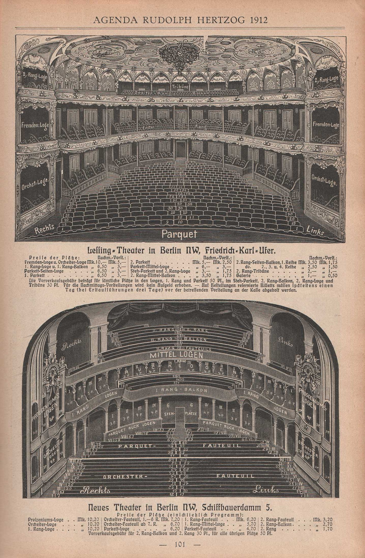 Schwarze und weiße Illustration einer alten Buchseite mit einem großen Auditorium in Berlin, Deutschland, aus dem Jahr 1912 und begleitendem Text, der das Layout des Theaters beschreibt.