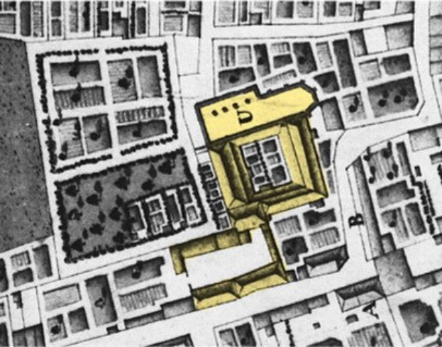 Schwarz-weisse Stadtzeichnung mit einem gelben Bauplan in der Mitte, eingerahmt von Text als Plakat.